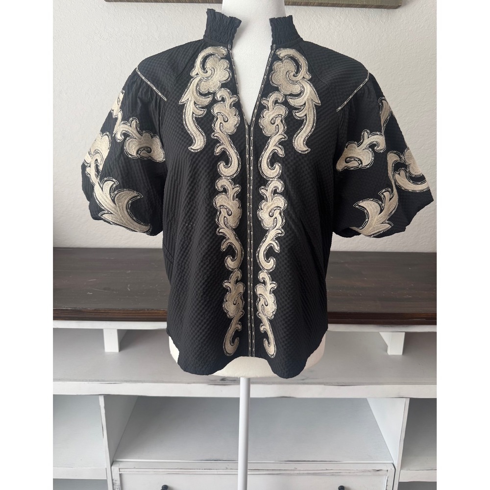 THML Puff Sleeve Embroidered Blouse Top Black Cream Size XS